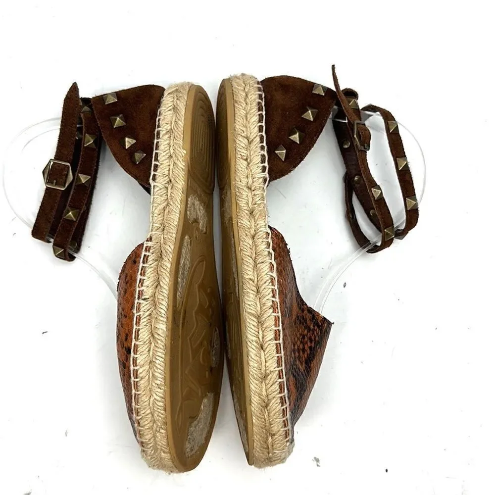 ASH Spain Rockstud Leather Suede Flat Espadrilles Brown Piton Print 37 US 6,5